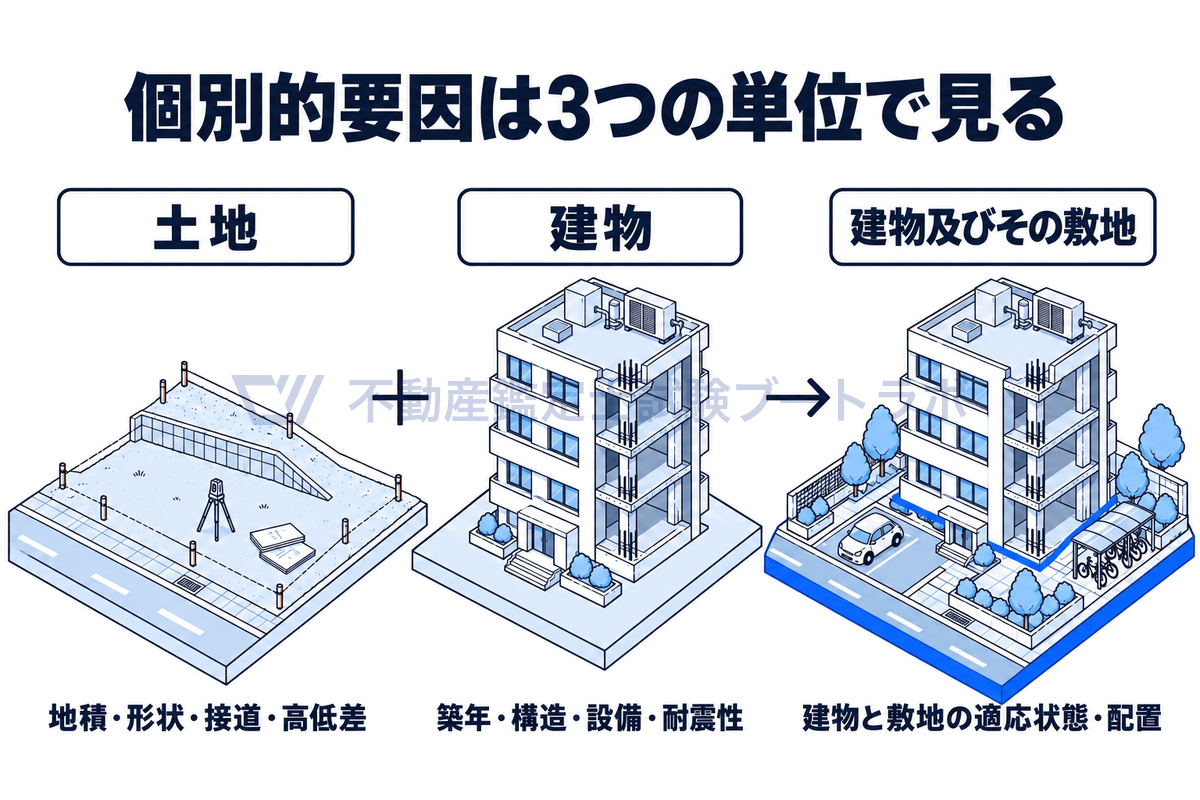 個別的要因を見る3つの単位を、左から土地、建物、建物及びその敷地の情景で並べた図。土地は地積・形状・接道・高低差、建物は築年・構造・設備・耐震性、建物及びその敷地は建物と敷地の適応状態や配置といった、土地と建物の結合状態に関する要因を見ることを示している。