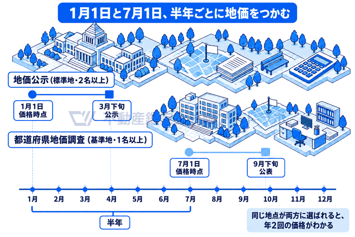 1月から12月までの時間軸の上に、地価公示の価格時点1月1日と3月下旬の公示、都道府県地価調査の価格時点7月1日と9月下旬の公表を並べた図。二つの価格時点が半年ずれていて、同じ地点が両方に選ばれると年2回の価格がわかることを示している。