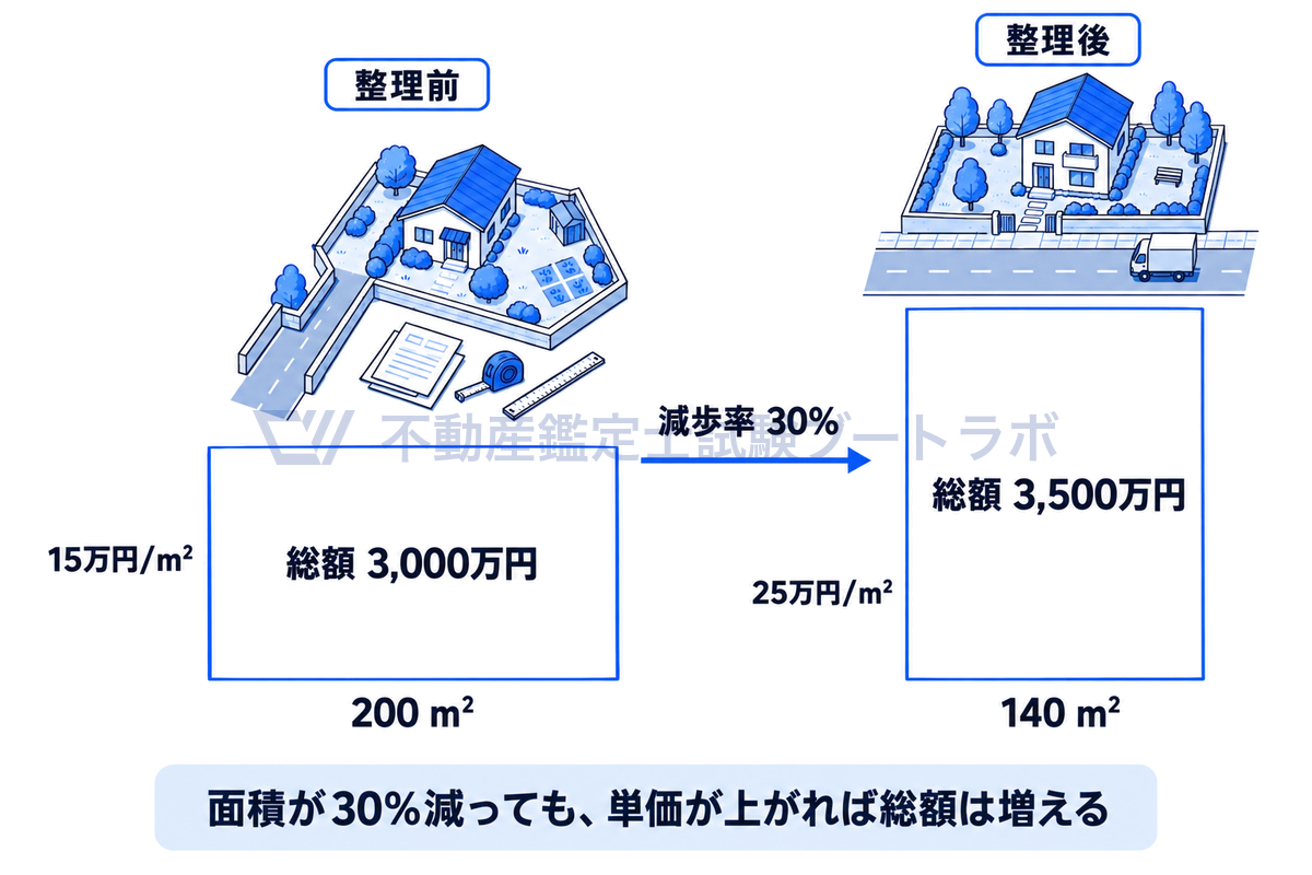 暪軞ãé¢ç©ã瞊軞ãå¹³æ¹ã¡ãŒãã«å䟡ãšããé¢ç©å³ãæŽçå200å¹³æ¹ã¡ãŒãã«Ã15äžåã§3,000äžåãæŽçåŸ140å¹³æ¹ã¡ãŒãã«Ã25äžåã§3,500äžåã
