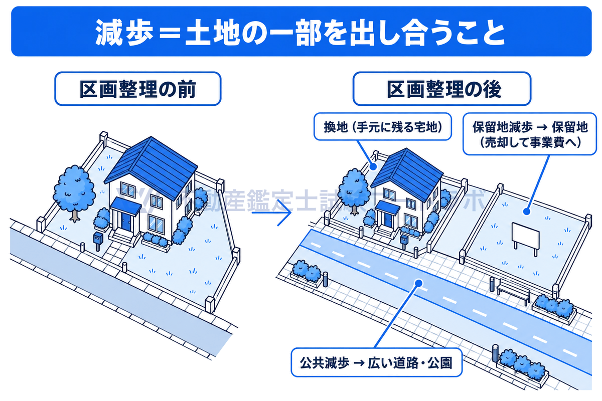 ひとつの宅地が区画整理の前後でどう変わるかを斜め上から描いた線画。宅地は一回り小さくなり、出した部分が広い道路と保留地になる。