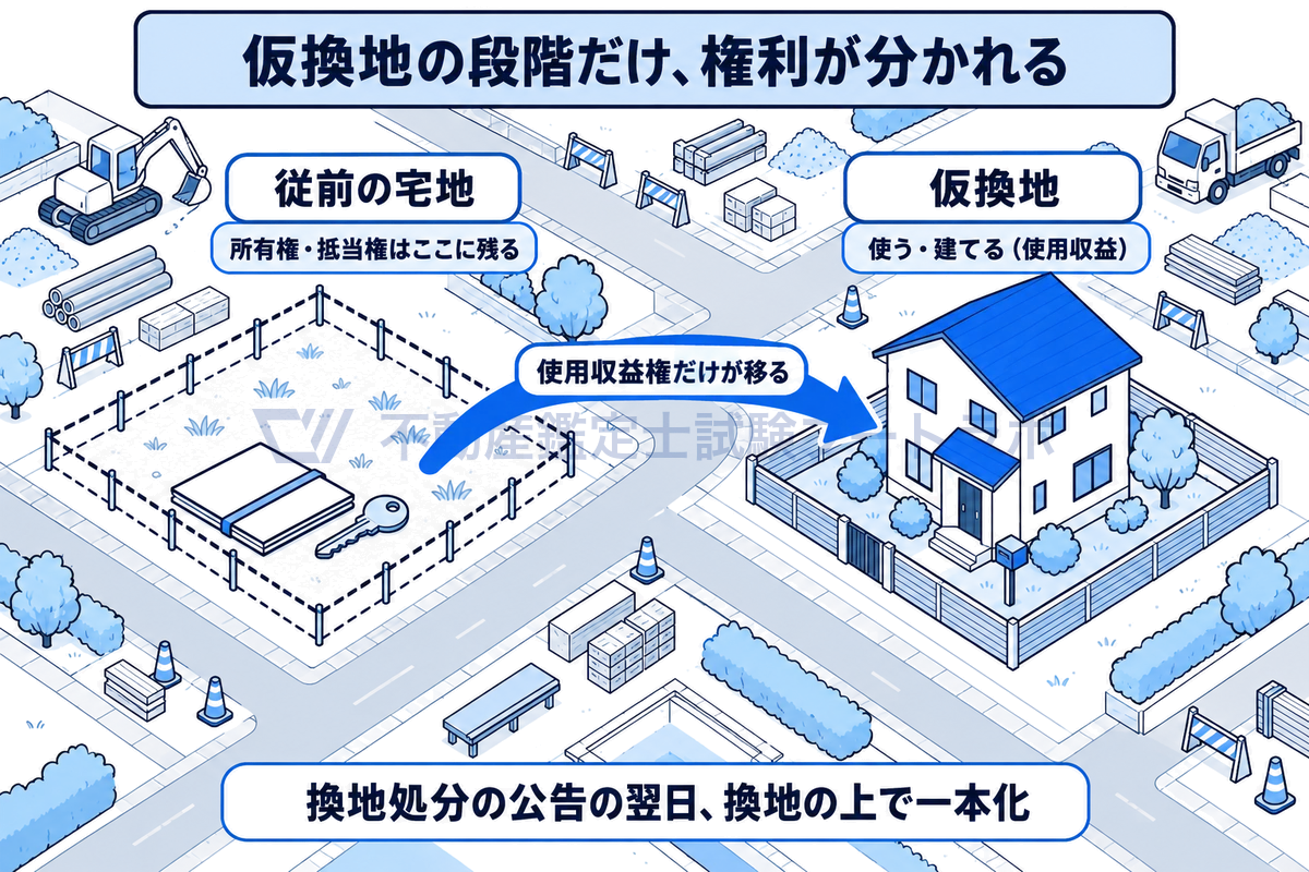 区画整理中の地区を斜め上から見た図。左の従前の宅地には所有権と抵当権が残り、右の仮換地へは使用収益権だけが矢印で移って家が建っている。換地処分の公告の翌日に換地の上で一本化されることを下に示す。