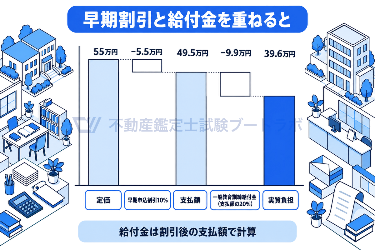 早期申込割引と一般教育訓練給付金を重ねた場合の滝グラフ。定価55万円から割引10%の5.5万円を引いて支払額49.5万円、そこから支払額の20%の給付金9.9万円を引いて実質負担39.6万円になる。給付金は割引後の支払額で計算される。
