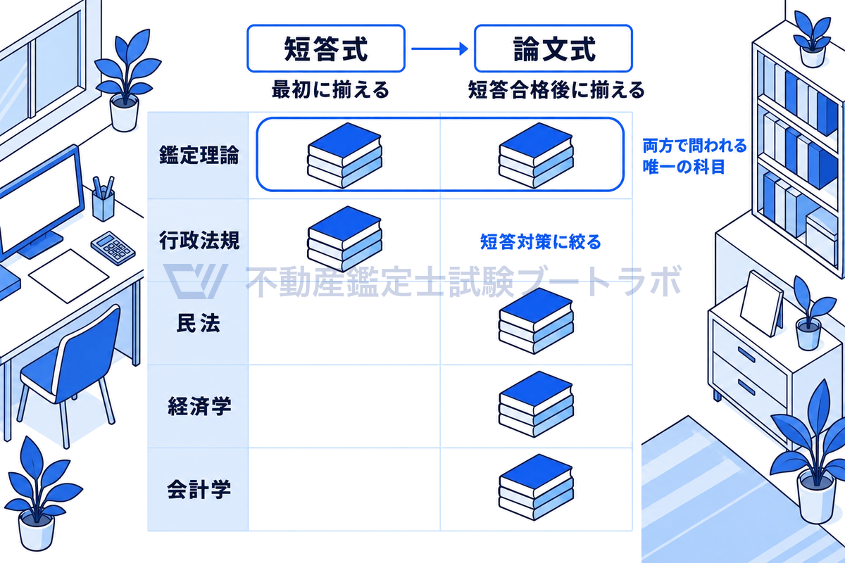 短答式と論文式の2列、鑑定理論・行政法規・民法・経済学・会計学の5行に本の山の線画を置き、両方で問われる鑑定理論の教材に最も投資し、行政法規は短答対策に絞り、民法・経済学・会計学は短答合格後に揃えるという教材投入の順序を示した図。
