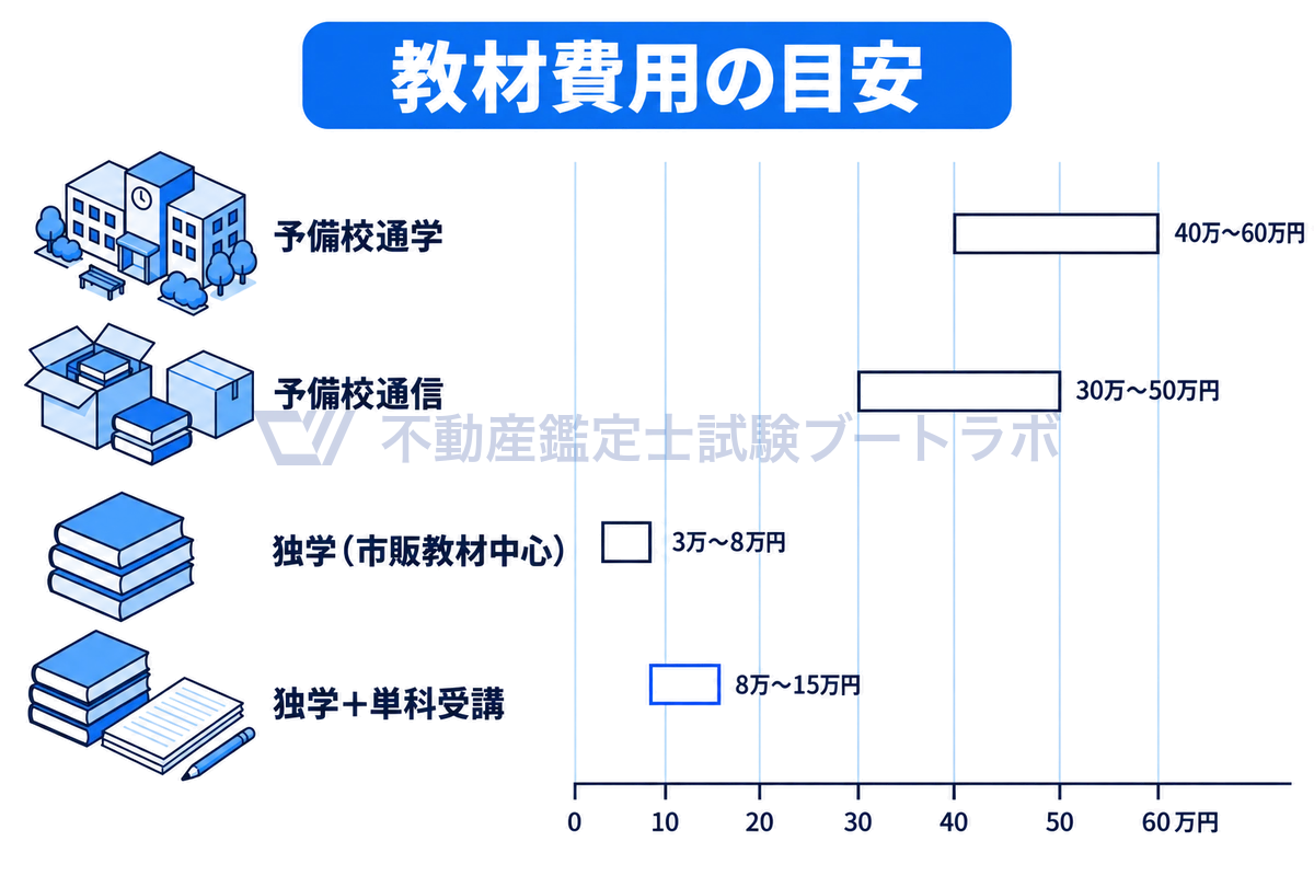 予備校通学40万〜60万円、予備校通信30万〜50万円、独学3万〜8万円、独学＋単科受講8万〜15万円の教材費用の目安を、0〜60万円の共通の軸に範囲の棒として比例させて並べ、独学に答練の単科受講を足しても予備校より大幅に安いことを示した図。
