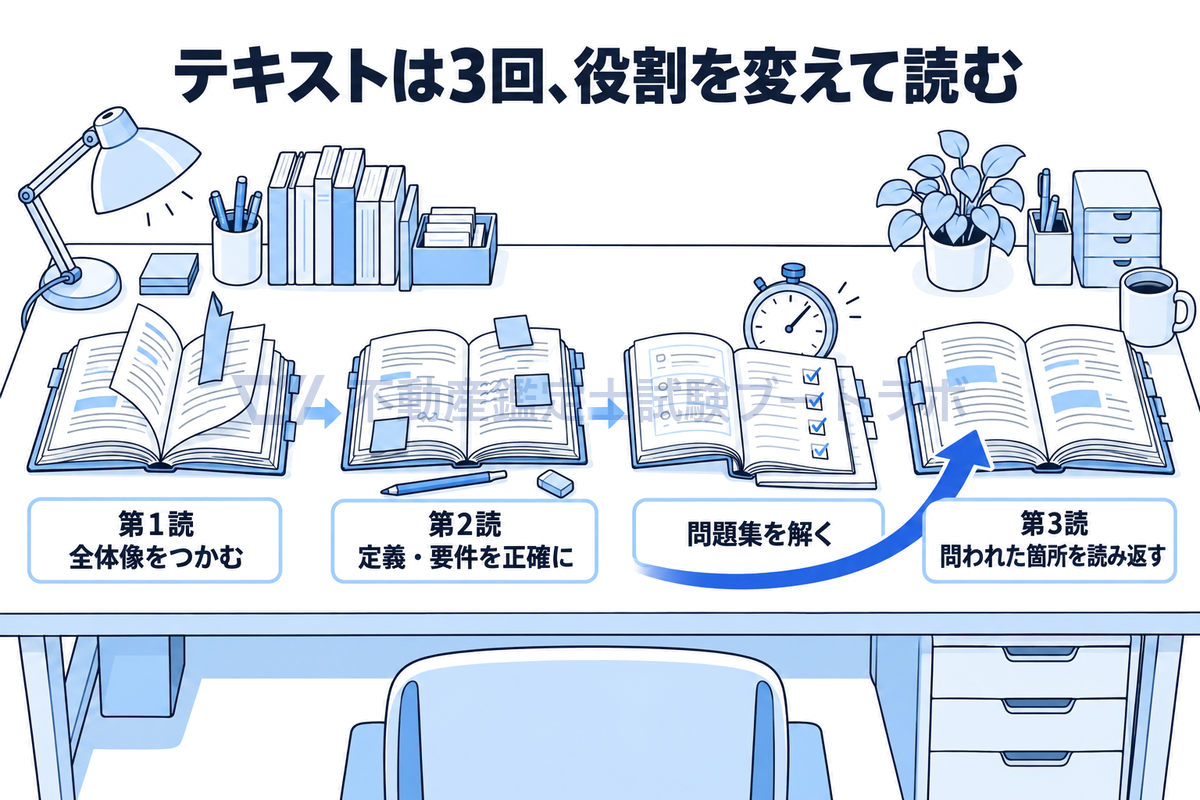 テキストを3回、役割を変えて読む流れを机の上の場面で示した図。第1読で全体像をつかみ、第2読で定義や要件を正確に読み込み、問題集を解いたあとの第3読で問われた箇所を読み返す。問題集からテキストへ戻る流れが要になる。