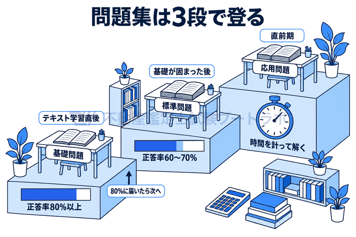 問題集を基礎、標準、応用の3段で進める流れを階段で示した図。基礎問題はテキスト学習直後に正答率80%以上を目標にし、達したら標準問題へ進んで60〜70%を目指す。応用問題は直前期に時間を計って解く。