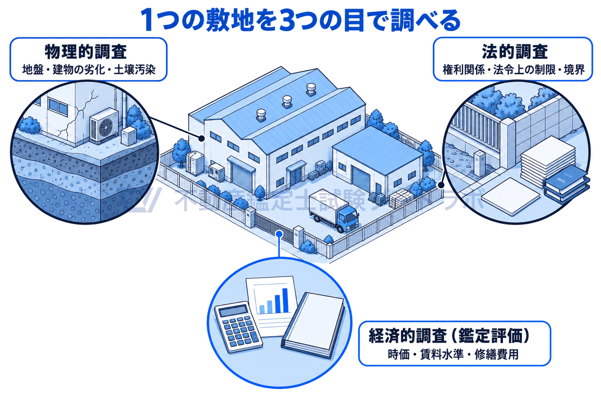 買収対象企業の工場の敷地を中央に描き、地盤や建物の劣化を見る物理的調査、権利関係や境界を見る法的調査、時価や賃料水準を見る経済的調査(鑑定評価)の3つの目で調べる様子を示した図。