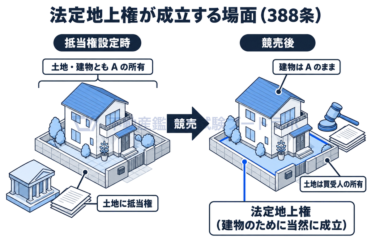 左に抵当権設定時、土地と建物がともにAの所有で土地に抵当権が付いた区画、右に競売後、土地は買受人の所有、建物はAのままとなった同じ区画を描き、建物のために法定地上権が当然に成立することを示した図。