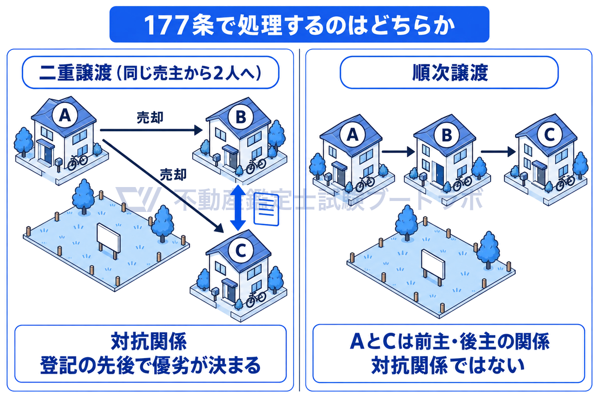 åãåå°ãããã2ã€ã®å Žé¢ãå·Šå³ã«äžŠã¹ãå³ãå·Šã¯å£²äž»Aãåãåå°ãBãšCã®2人ã«å£²åŽããäºéè²æž¡ã§ãBãšCã¯å¯Ÿæé¢ä¿ã«ç«ã¡ç»èšã®å
åŸã§åªå£ã決ãŸããå³ã¯AããBãBããCãžé ã«è²æž¡ããå Žé¢ã§ãåäž»ã»åŸäž»ã®é¢ä¿ãšãªã察æé¢ä¿ã§ã¯ãªãã