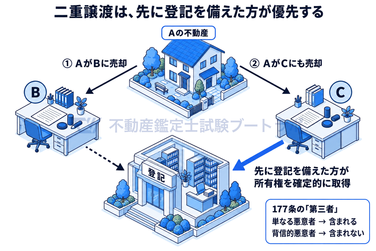 二重譲渡の場面を描いた図。AがBに不動産を売却した後、Cにも売却した場合、先に登記を備えた方が所有権を確定的に取得する。177条の第三者には単なる悪意者は含まれ、背信的悪意者は含まれないことを添えている。