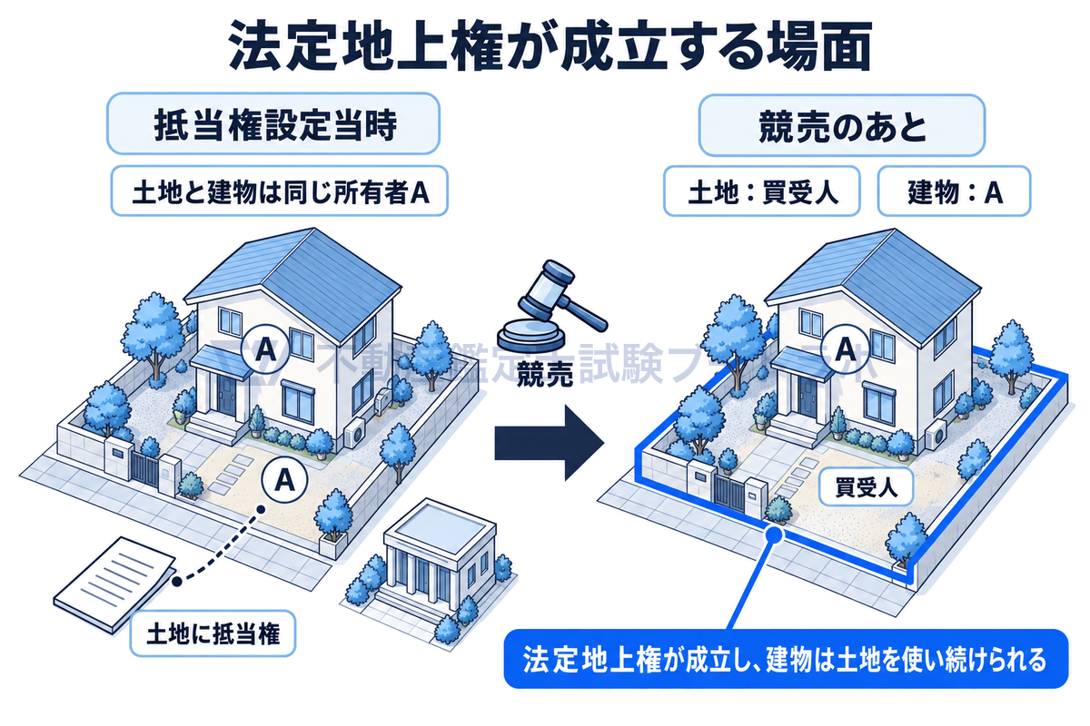 法定地上権が成立する場面を2コマで描いた図。抵当権設定当時は土地と建物が同じ所有者Aで、土地に抵当権が設定されている。競売の後、土地は買受人、建物はAのものとなり、法定地上権が成立して建物は土地を使い続けられる。