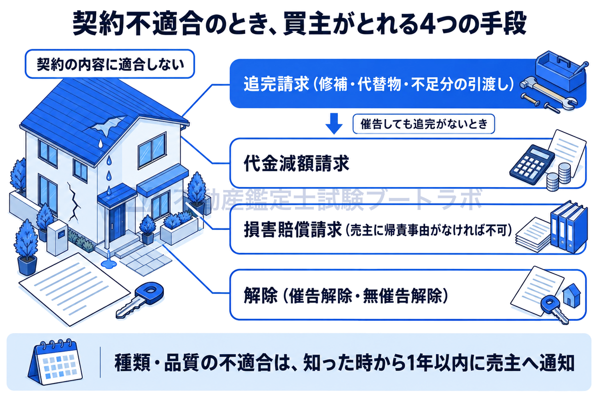 雨漏りのある住宅を例に、契約不適合のとき買主がとれる4つの手段を示した図。追完請求、催告しても追完がないときの代金減額請求、損害賠償請求、解除の4つで、種類・品質の不適合は知った時から1年以内に売主へ通知が必要。