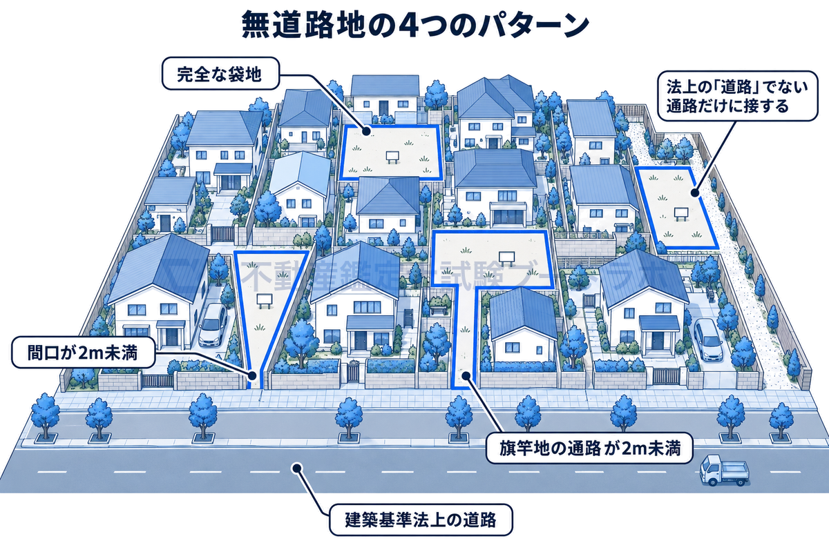 無道路地の4つのパターンを1つの街区に描いた図。周囲を他人の土地に囲まれた完全な袋地、道路に接するが間口が2m未満の土地、通路部分が2m未満の旗竿地、建築基準法上の道路でない通路に接する土地。