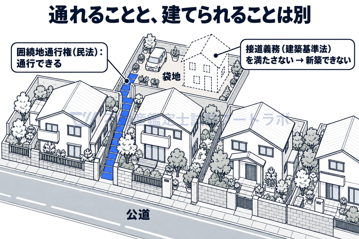 囲繞地通行権と接道義務の違いを場面で示した図。袋地の所有者は民法の囲繞地通行権で隣の土地を通って公道に出られるが、建築基準法の接道義務を満たさないため、通行権だけでは建物を新築できない。
