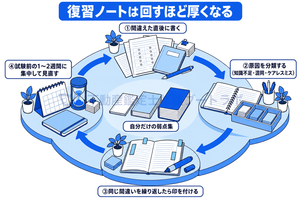 復習ノートの運用を4つの段階で回す図。模試や答練、過去問で間違えたら直後に書き、知識不足や混同、ケアレスミスなどの原因を分類し、同じ間違いを繰り返したら目立つ印を付け、試験前の1〜2週間に集中的に見直す。回すほどノートが厚くなる。