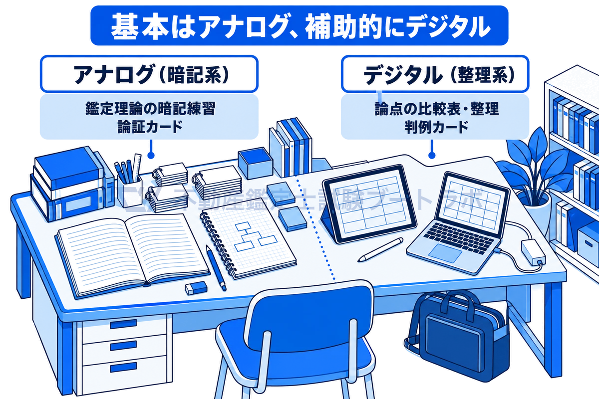 勉強机を左右に分け、左に手書きのノートと論証カード、右にタブレットとノートパソコンを置いた図。基本はアナログで、鑑定理論の暗記など暗記系は手書き、比較表や判例の整理など整理系はデジタルという使い分けを示している。