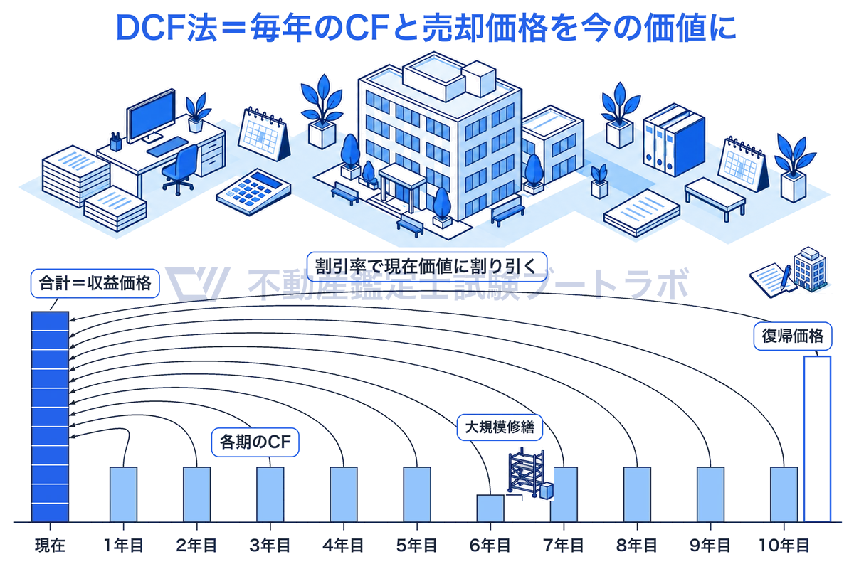 DCF法の考え方を時間軸で示した図。1年目から10年目までの毎年のキャッシュフローと、10年目の売却を想定した復帰価格を、割引率でそれぞれ現在の価値に割り引き、その合計を収益価格とする。