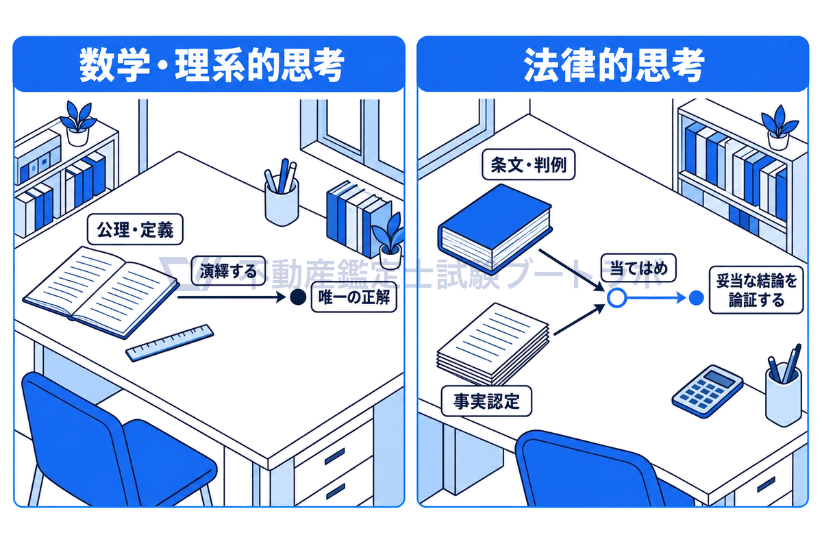 数学・理系的思考と法律的思考を左右の線画で対比した図。左は公理・定義のノートから演繹して唯一の正解に至る1本の矢印。右は条文・判例の法令集と事実認定の書類が当てはめで合流し、妥当な結論を論証する流れを描く。