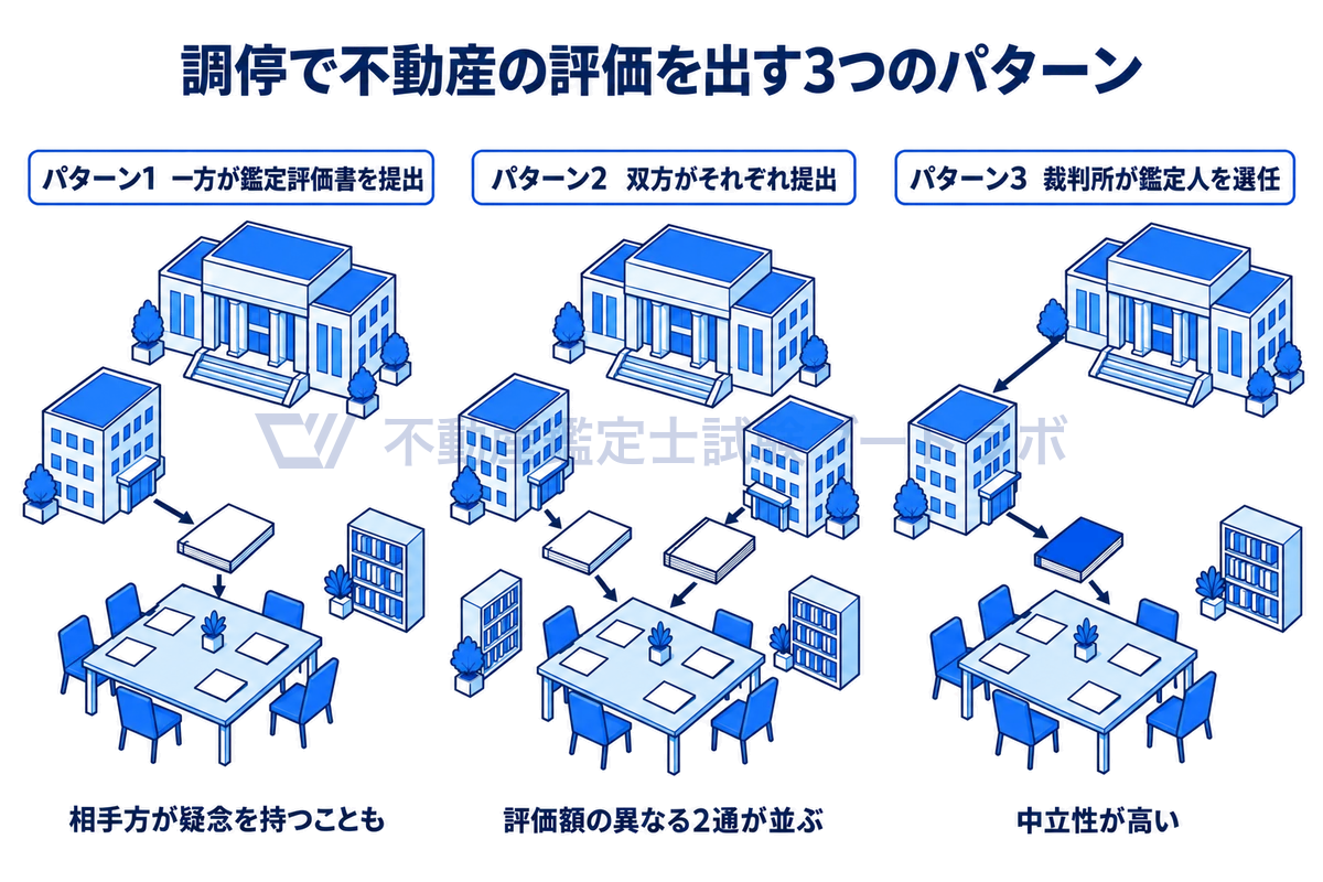 離婚調停で不動産の評価を出す3つのパターンを並べた図。一方の当事者が鑑定評価書を提出する場合、双方がそれぞれ提出して評価額の異なる2通が並ぶ場合、裁判所が中立的な鑑定人を選任する場合を、家庭裁判所の調停の場面で示す。