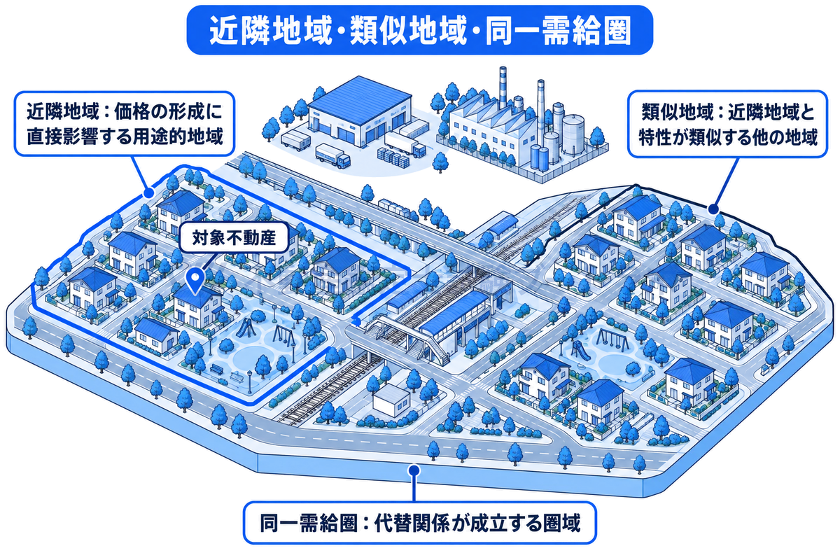 近隣地域・類似地域・同一需給圏の関係を地図の情景で示す図。広い同一需給圏の台座の中に、対象不動産のある近隣地域と、特性が似た離れた類似地域の二つの住宅街区があり、圏外には工場地帯が見える。
