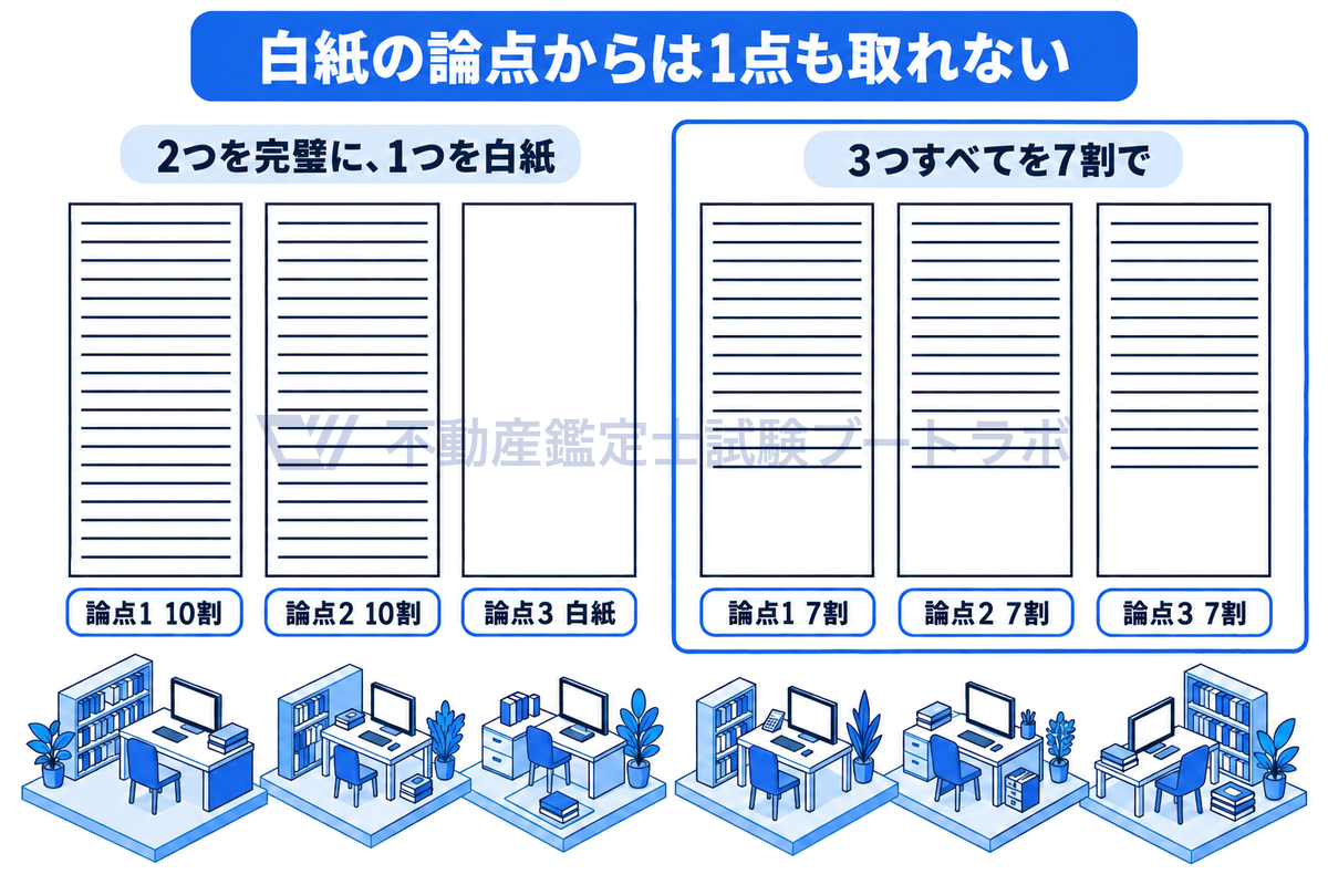 答案用紙3枚を2組並べ、左の組は論点1と2を10割書いて論点3が白紙、右の組は3枚とも7割まで書いた状態を、用紙に引いた罫線の量で比例して描き、白紙の論点からは1点も取れないことを示す図。
