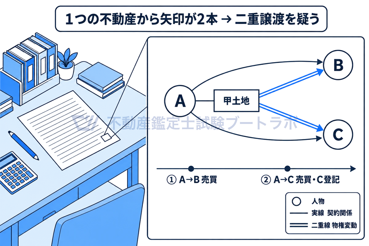 机の上の問題用紙の余白に描いた関係図という場面で、甲土地を中心にAからBとCへ実線の契約と二重線の物権変動の矢印が2本ずつ伸び、1つの不動産から複数へ矢印が伸びたら二重譲渡を疑うことを示す図。