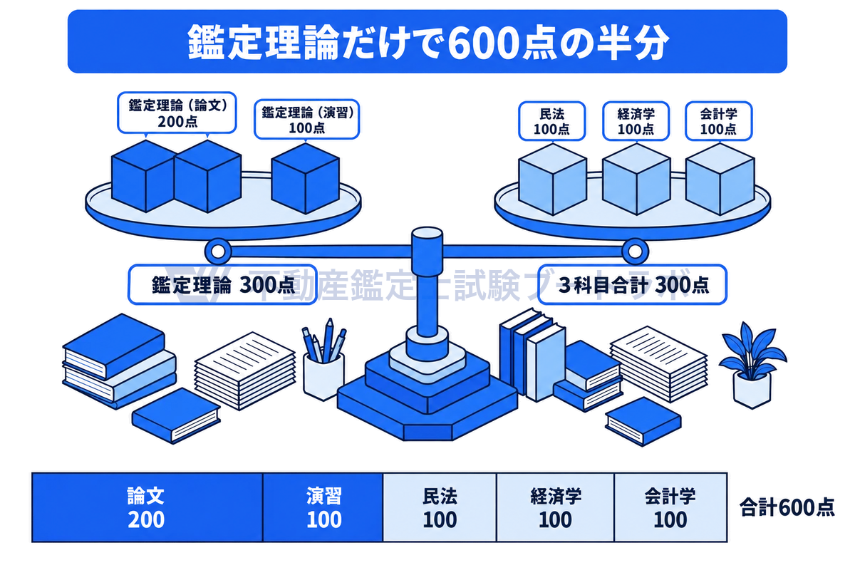 論文式の配点を天秤で示した図。左の皿は鑑定理論の論文200点と演習100点で計300点、右の皿は民法・経済学・会計学の各100点で計300点となり釣り合う。下の帯グラフでは600点満点の半分を鑑定理論が占める。