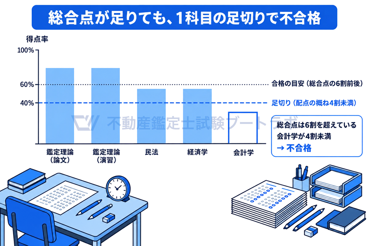 論文式の足切りの仕組みを示す棒グラフ。5科目の得点率を並べ、鑑定理論は高得点で総合点は6割を超えているが、会計学だけが配点の4割の足切りラインを下回っているため不合格になる例。