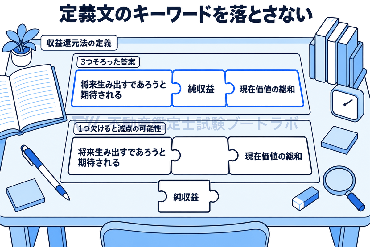 机の上の答案用紙に、収益還元法の定義のキーワード「将来生み出すであろうと期待される」「純収益」「現在価値の総和」の3つのピースがそろってはまった答案と、1つ欠けて穴が空いた答案を並べ、欠けると減点の可能性があることを示した図。