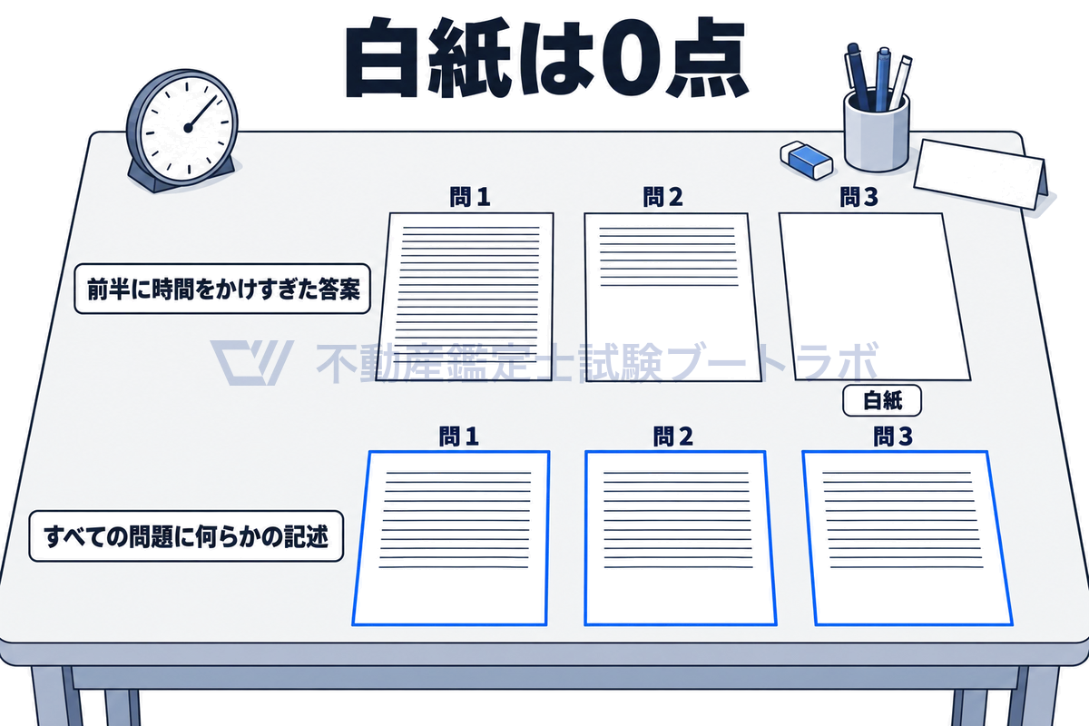 試験机の上に時計と問1から問3の答案用紙を2段に並べ、上段は前半の問1を書き込みすぎて問3が白紙になった答案、下段はすべての問題に何らかの記述をした答案を示し、白紙は0点であることを伝える図。