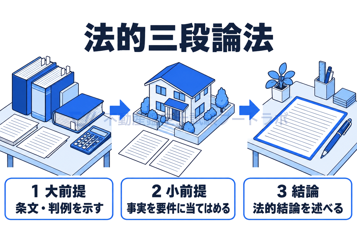 左に六法と判例集の本の山（大前提＝条文・判例）、中央に事案の土地と家と契約書（小前提＝事実の当てはめ）、右に書き上げた答案（結論）を置き、矢印でつないで民法の答案の基本である法的三段論法の流れを示した図。
