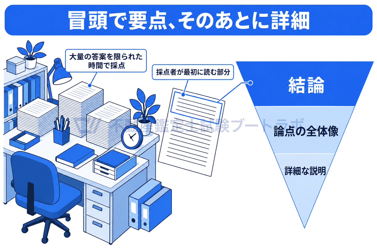 採点の机に積まれた大量の答案と、逆ピラミッド型の答案構成を並べた図。上段の最も広い部分が結論、次が論点の全体像、最下段が詳細な説明で、採点者が最初に読む答案の冒頭に要点を置くことを示す。