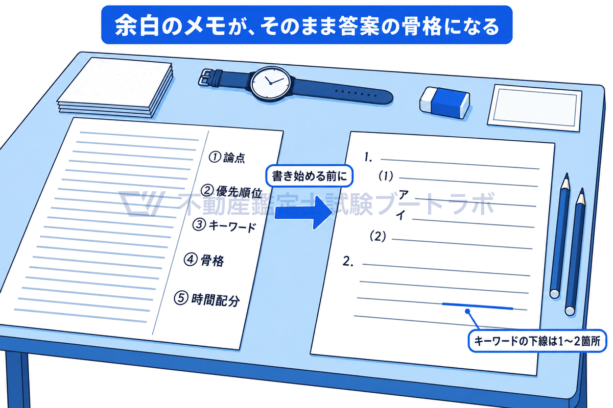 試験机の上の問題用紙と答案用紙の図。問題用紙の余白に論点・優先順位・キーワード・骨格・時間配分の5つをメモし、それを1.、(1)、アの階層で番号を付けた答案の骨格に移す。キーワードの下線は1〜2箇所に絞る。