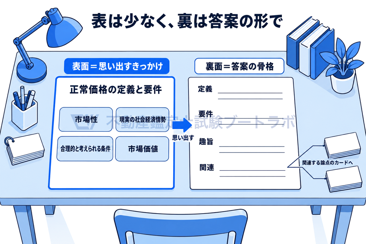 勉強机の上に論証カードの表面と裏面を並べた図。表面は論点タイトルとキーワード4語だけの「思い出すきっかけ」、裏面は定義・要件・趣旨・関連の順に並ぶ「答案の骨格」で、関連欄から別のカードへ線がつながる。