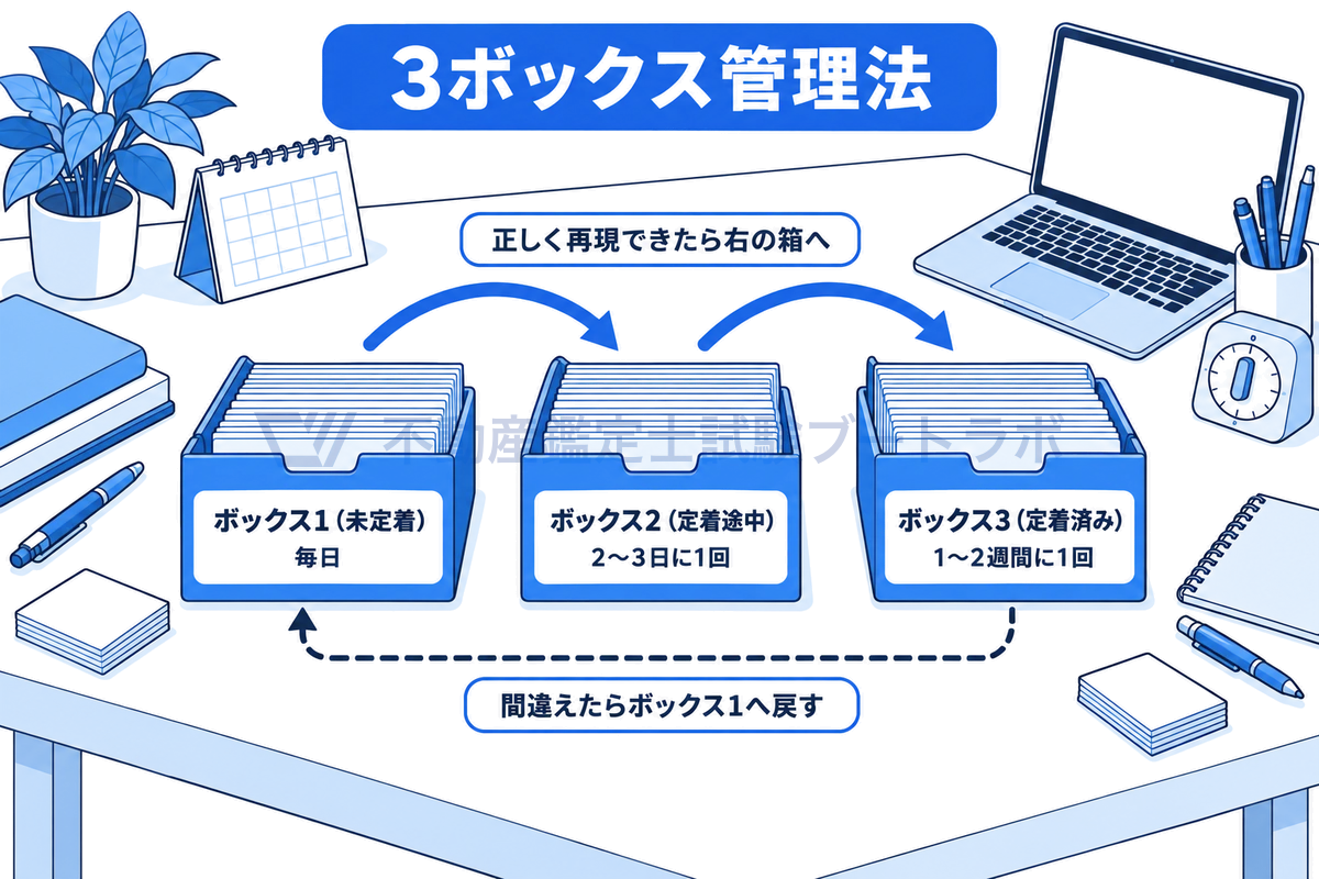 机の上に3つのカードボックスを並べた図。ボックス1は未定着で毎日、ボックス2は定着途中で2〜3日に1回、ボックス3は定着済みで1〜2週間に1回復習し、正しく再現できたら右の箱へ、間違えたらボックス1へ戻す流れを矢印で示す。