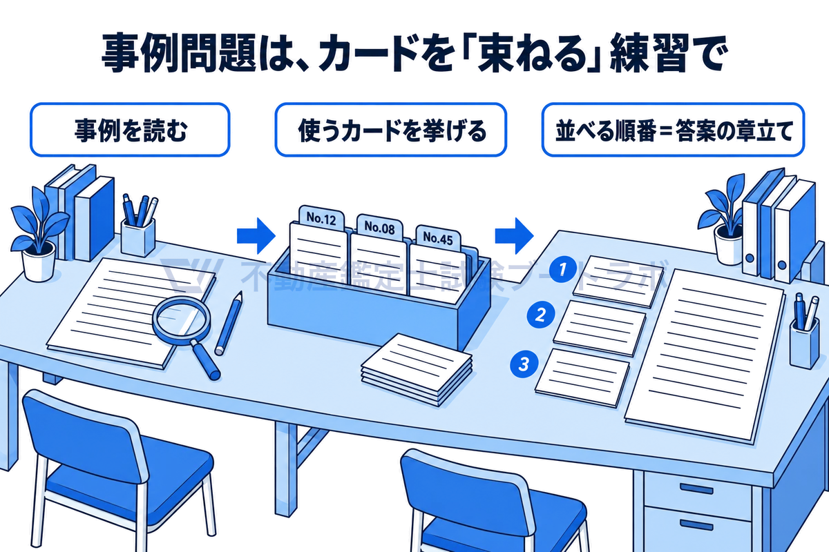 事例問題の答案構成訓練を3つの場面で描いた図。過去問の事例を読み、カードボックスから使うカードを抜き出し、抜き出したカードを答案の章立ての順に並べる。答案を全文書かずに、カードを束ねる練習をする流れを示す。