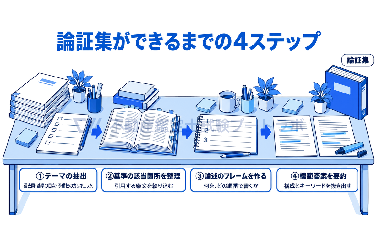 論証集ができるまでの4ステップを1つの長い作業机の上に描いた図。過去問や基準の目次からテーマを抽出し、基準の該当箇所を整理し、論述のフレームを作り、模範答案の構成とキーワードを要約して、1冊の論証集にまとめる。