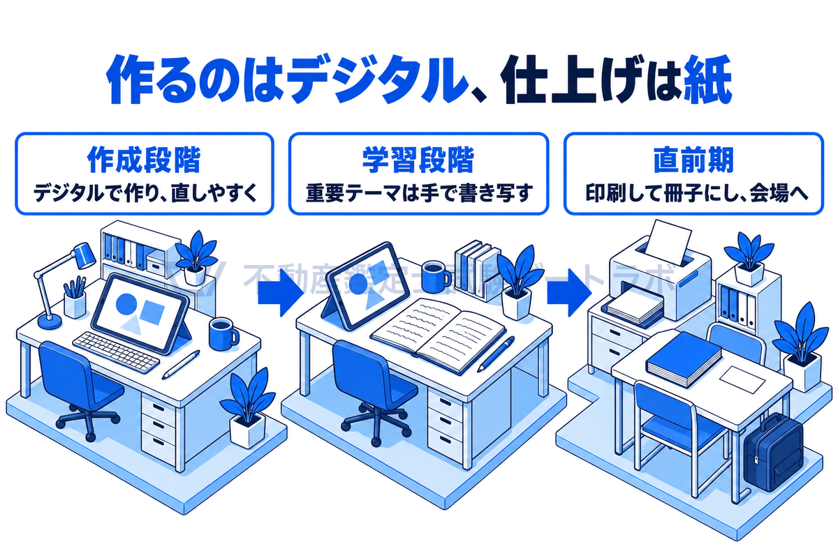 論証集をデジタルと紙で使い分けるハイブリッド方式を3つの場面で描いた図。作成段階はタブレットで作って直しやすくし、学習段階は重要テーマを手書きで書き写し、直前期は印刷して冊子にし試験会場に持ち込む。