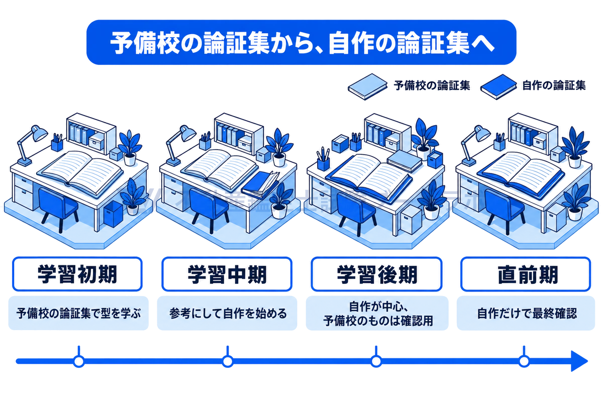 学習の段階ごとに予備校の論証集と自作の論証集の使い方が移り変わる様子を描いた図。初期は予備校の論証集で型を学び、中期は参考にして自作を始め、後期は自作が中心で予備校のものは確認用、直前期は自作だけで最終確認する。