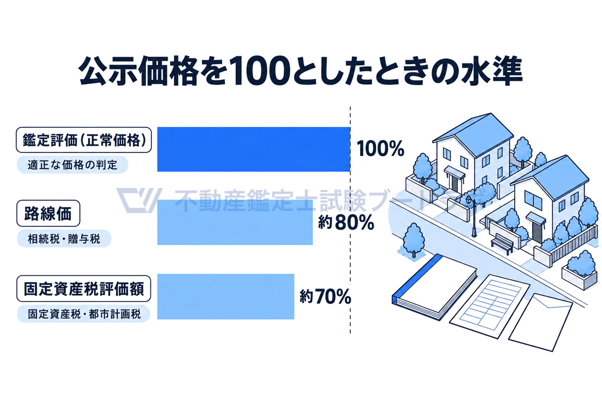 公示価格を100としたときの3つの評価の水準を横棒で比べた図。鑑定評価の正常価格は100%、相続税・贈与税の路線価は約80%、固定資産税・都市計画税の固定資産税評価額は約70%の水準に設定されている。