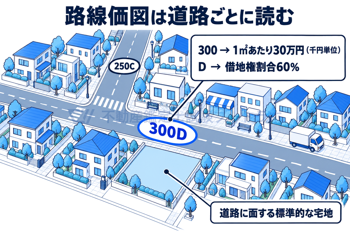 路線価図の読み方を、道路ごとに数値と記号が付いた街区の情景で示した図。「300D」は、その道路に面する標準的な宅地が1平方メートルあたり30万円で、Dは借地権割合60%を示すことを、道路上の表示と読み方のラベルで表している。