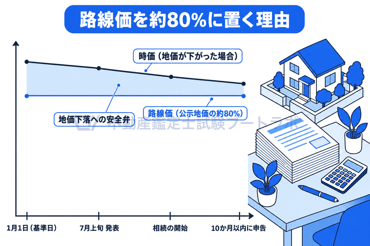 路線価が公示地価の約80%に設定されている理由を、時間の流れのグラフで示した図。1月1日の時価に対して路線価は約80%の水準に置かれ、7月上旬の発表、相続の開始、10か月以内の申告までの間に地価が下がっても、評価が時価を上回りにくいことを表している。
