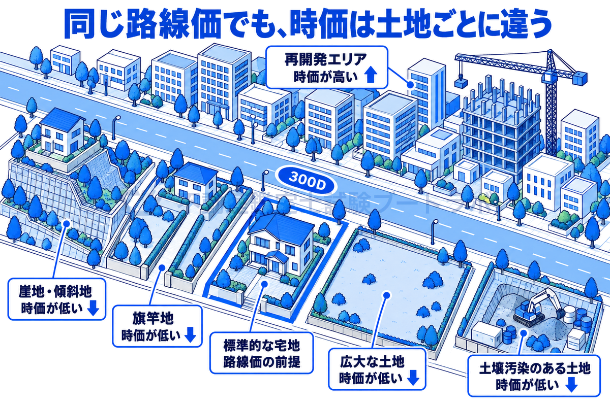 同じ路線価の道路に面していても時価が路線価から離れる土地を、通り沿いの情景で示した図。標準的な整形地に対し、旗竿地、崖地、広大な土地、土壌汚染のある土地は時価が低く、再開発エリアでは高くなりうることを表している。