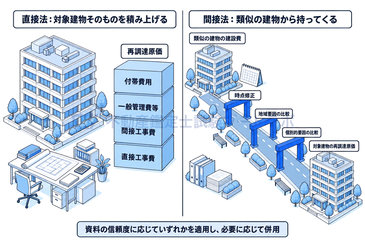再調達原価の直接法と間接法の違いを左右に並べた図。直接法は対象建物の設計図書から直接工事費、間接工事費、一般管理費等、付帯費用を積み上げる。間接法は類似の建物の建設費に時点修正、地域要因の比較、個別的要因の比較を加えて対象建物に当てはめる。