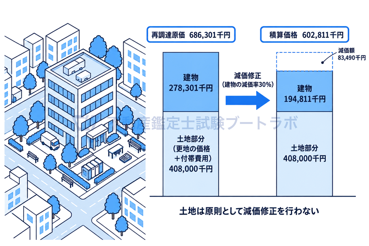 既成市街地の建物及びその敷地の原価法を、計算例の数値で示す図。土地部分は更地の価格に付帯費用を加えた408,000千円で減価しない。建物は再調達原価278,301千円から30%を減価して194,811千円となり、合計602,811千円になる。