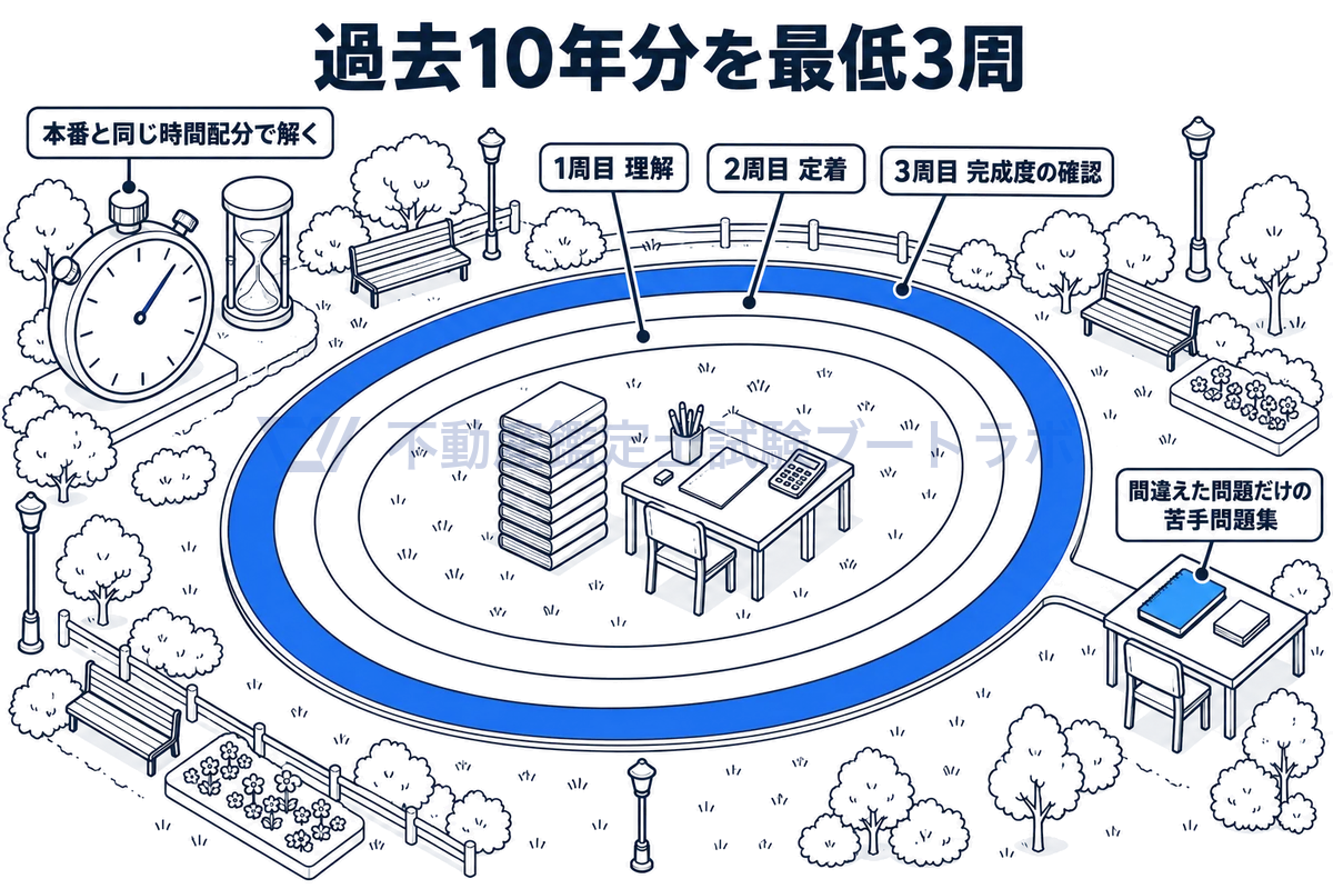 過去10年分の過去問を最低3周する進め方を、3周のトラックで示した図。1周目は理解、2周目は定着、3周目は完成度の確認。トラックの脇には間違えた問題だけを集めた苦手問題集と、時間を計るためのストップウォッチが置かれている。