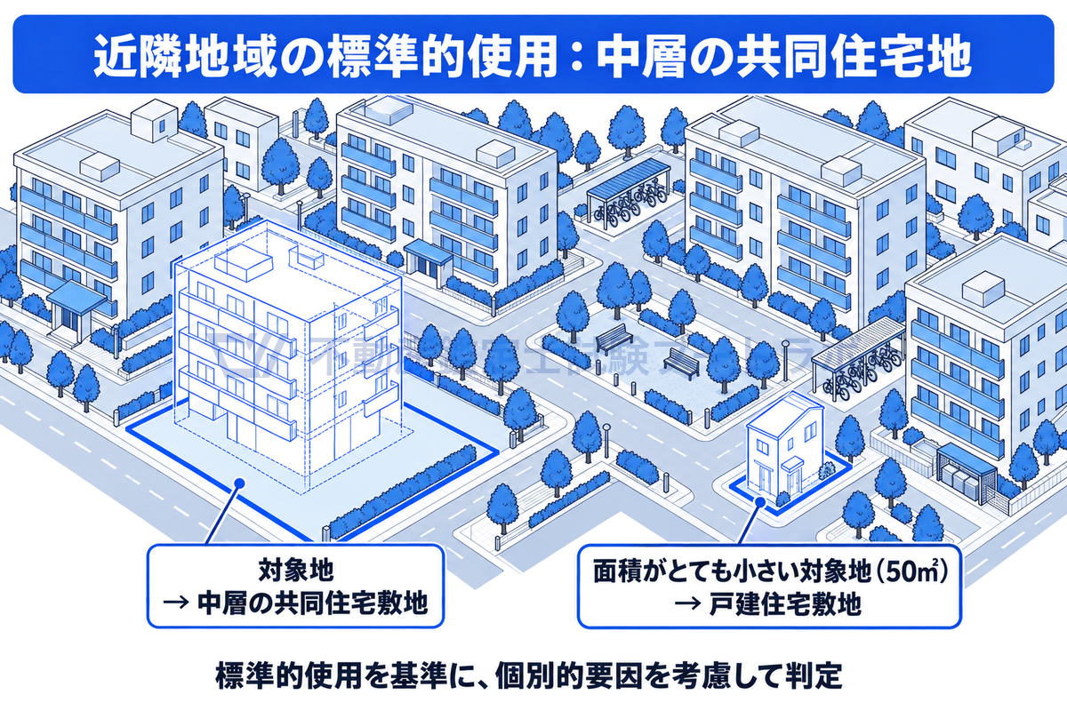 中層の共同住宅が並ぶ近隣地域のアイソメ図。通常の広さの対象地は標準的使用と同じ中層の共同住宅敷地と判定され、50平方メートルほどの小さな対象地は個別的要因から戸建住宅敷地と判定されることを対比している。