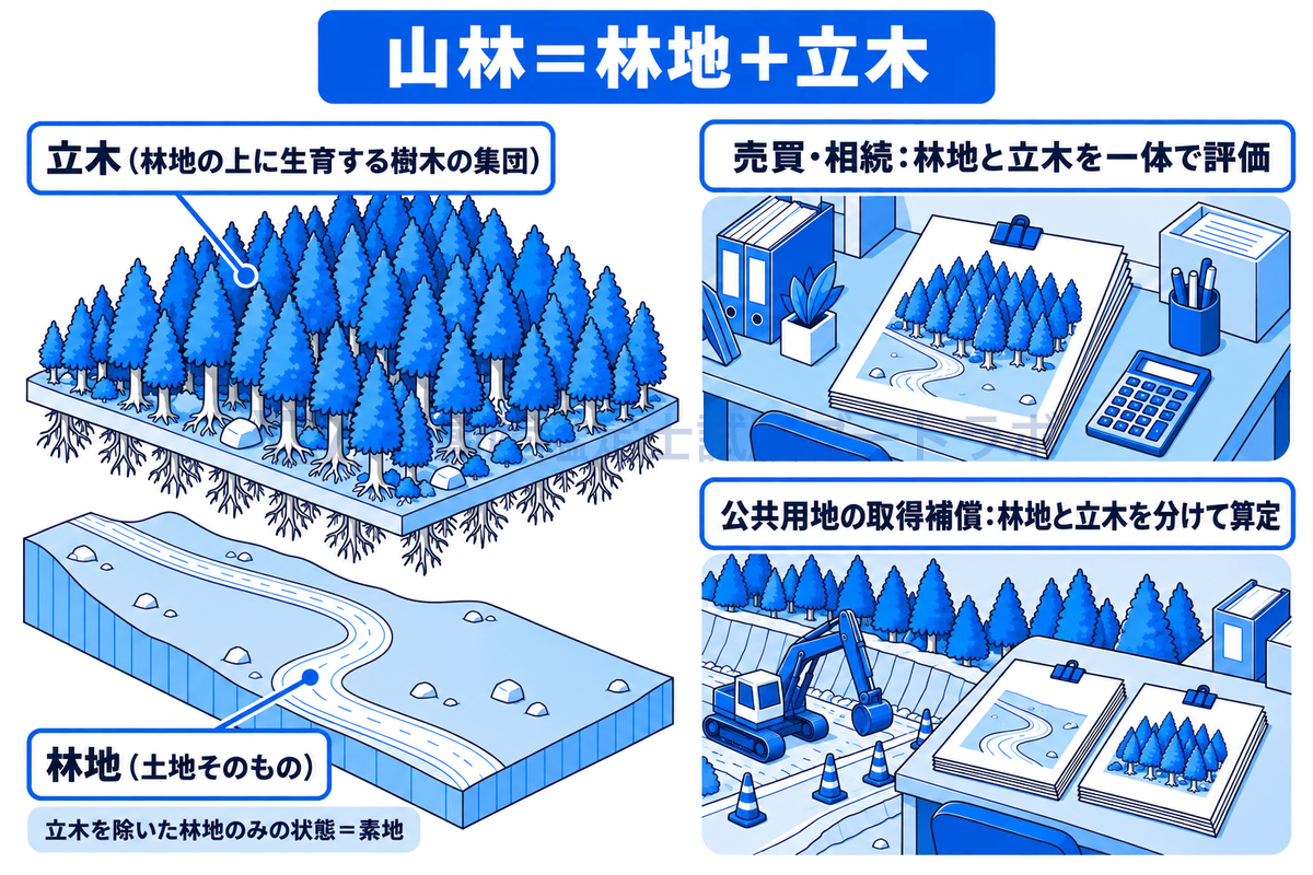 山の斜面の一区画から杉林を持ち上げて、土地そのものである林地と、その上に生育する樹木の集団である立木に分けて見せた図。売買・相続では林地と立木を一体で評価し、公共用地の取得補償では分けて算定することを、書類の束ね方の違いで示している。