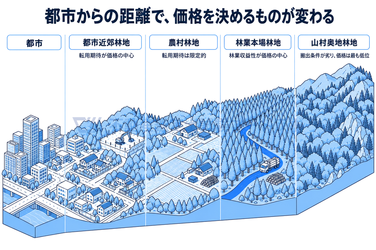 左の都市から右の奥山へ、都市近郊林地・農村林地・林業本場林地・山村奥地林地の4区分を一続きの風景で並べた図。都市近郊では転用期待が、林業本場では林業収益性が価格の中心になり、奥地は搬出条件が劣って価格が最も低位になることを示している。