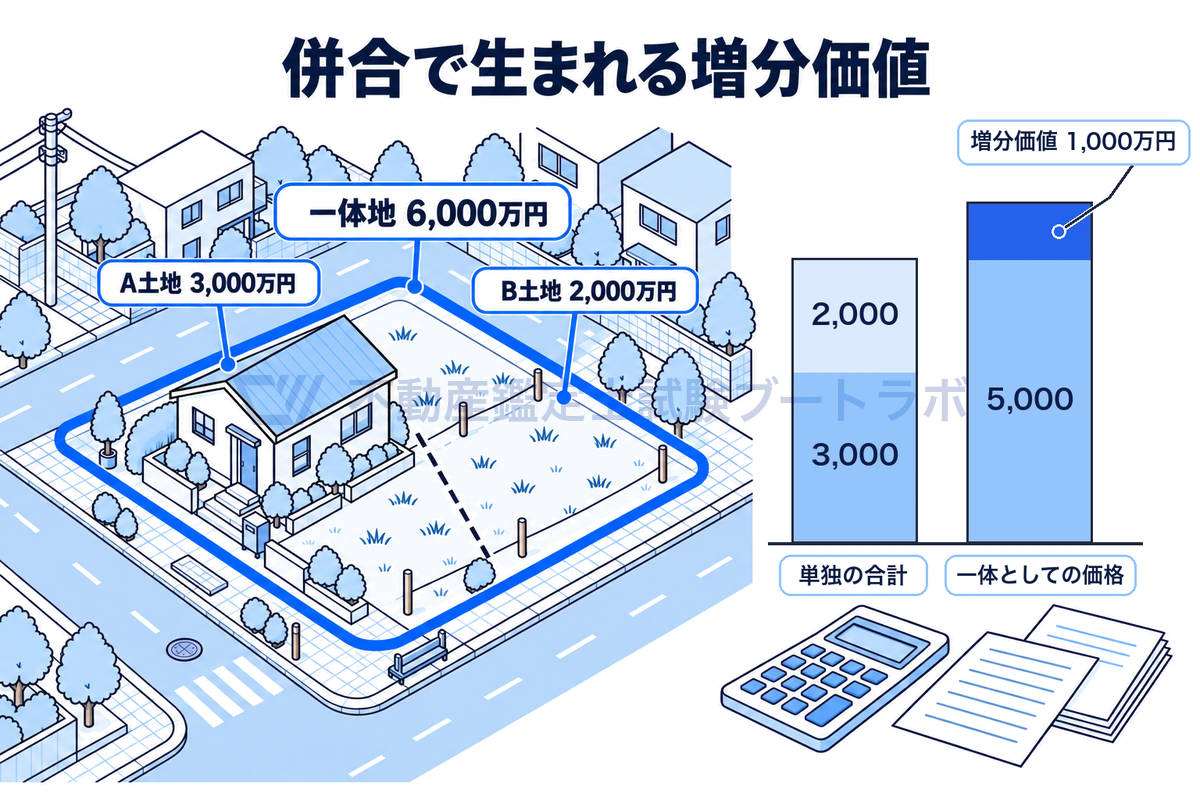 隣り合うA土地3,000万円とB土地2,000万円を一体にすると6,000万円になり、単独の合計5,000万円との差1,000万円が増分価値として生まれることを、区画の情景と数値どおりの棒グラフで示した図。
